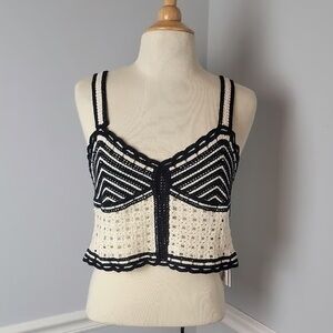 Jason Wu Crochet Top Womens 10 Crop Ivory Black Tank Scallop Edge Boho Hippie